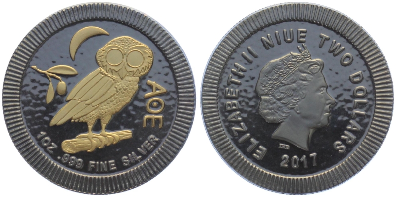 Niue 2 Pounds 2017 - Eule von Athen - 1 Unze Feinsilber - Schwarz Ruthenium Veredelung
